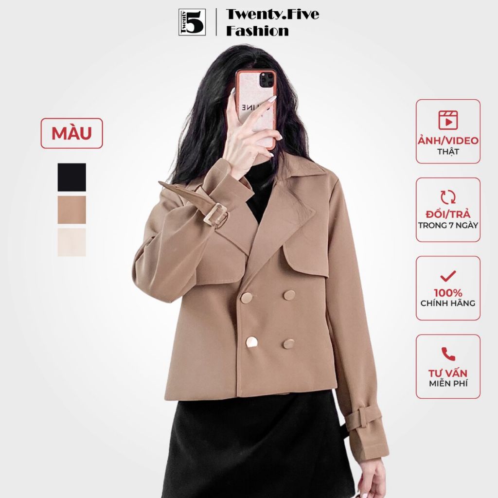 Áo khoác măng tô dáng ngắn,có 4 cúc kèm đai 3 màu Đen/Be/Nâu Freesize 5063