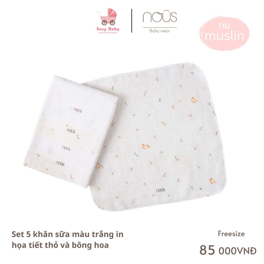 Set 5 khăn sữa màu trắng in họa tiết Nous Muslin mềm mại