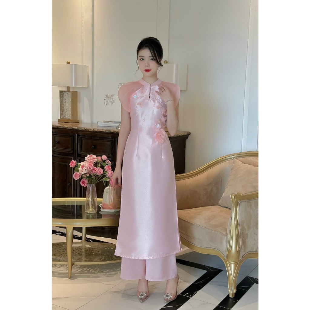 Áo dài cách tân chất Tafta cao cấp đính kết hoa nổi dày dặn- Áo dài Hiếu Hạnh