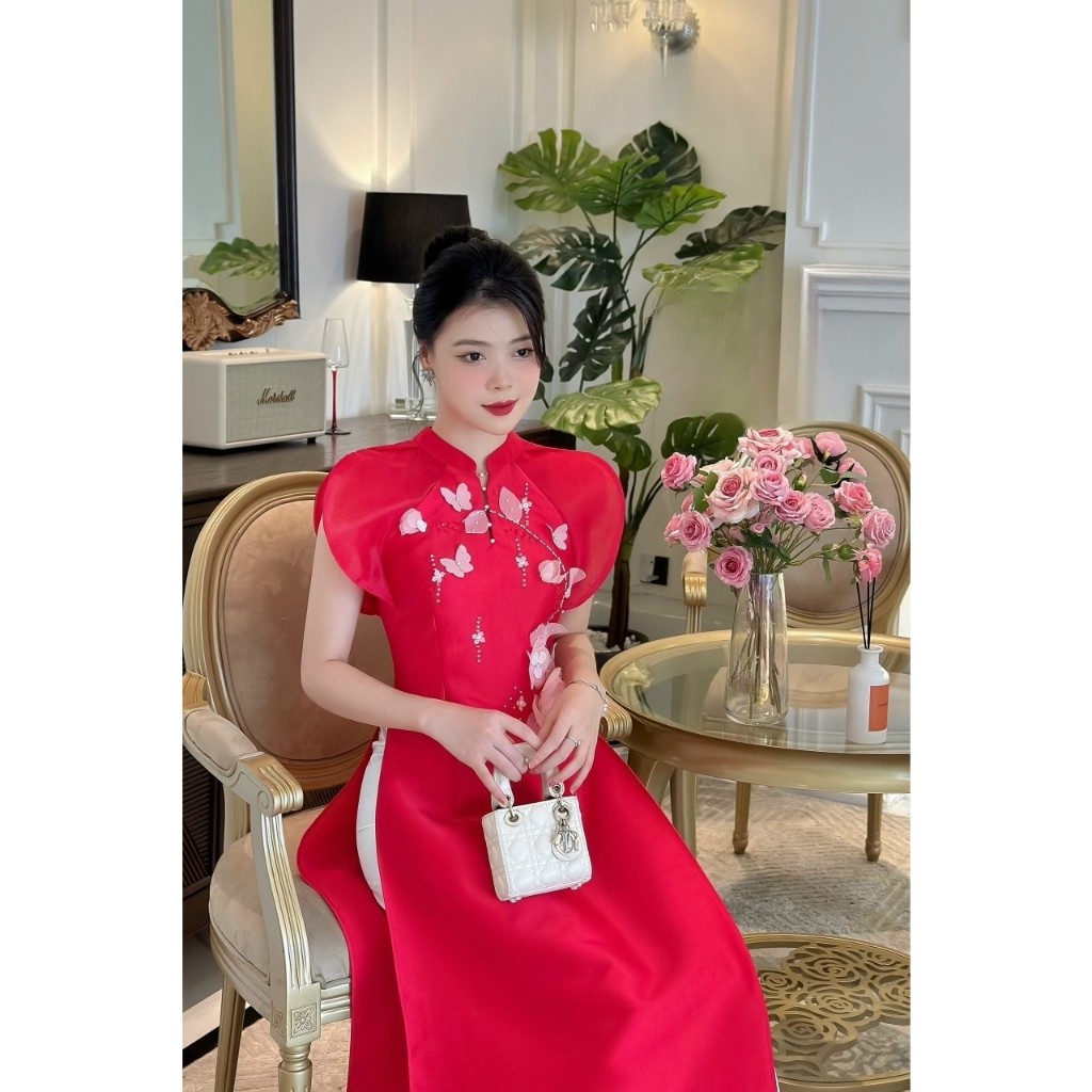 Áo dài cách tân chất Tafta cao cấp đính kết hoa nổi dày dặn- Áo dài Hiếu Hạnh