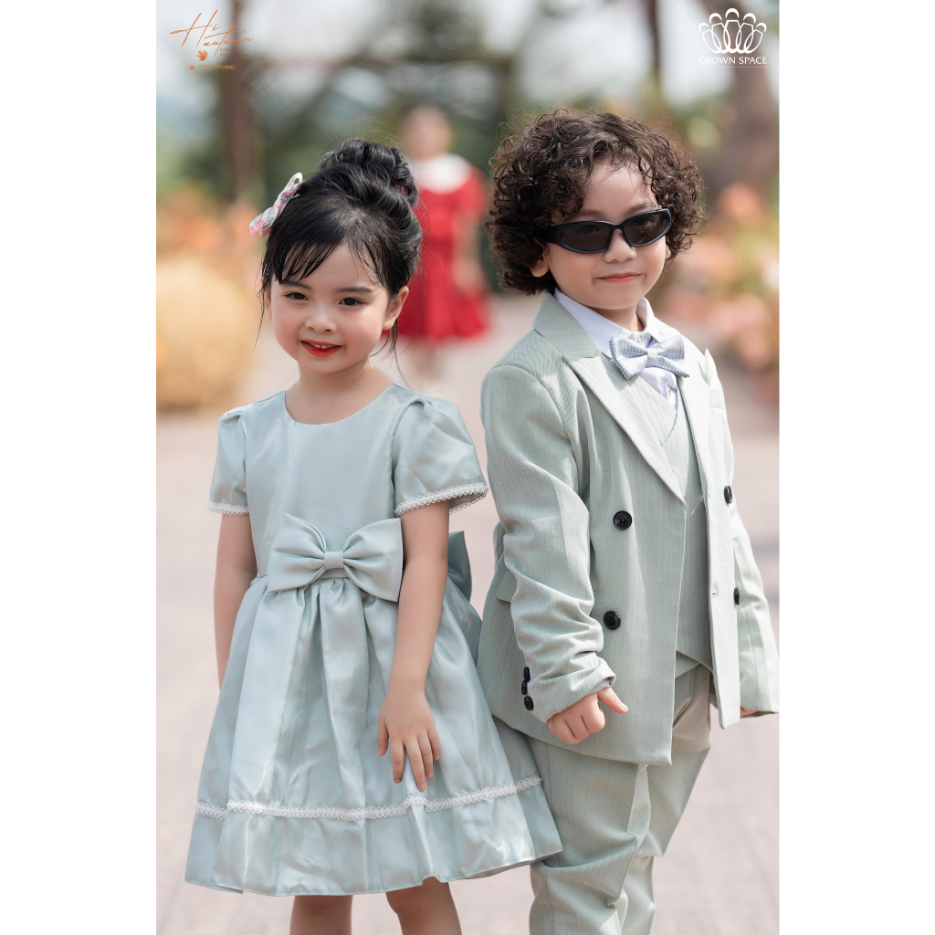 Váy Chân Chữ A Cho Bé Gái Dáng Xòe Phối Nơ To Và Tay Phồng Công Chúa Crown Space CKGS3832033