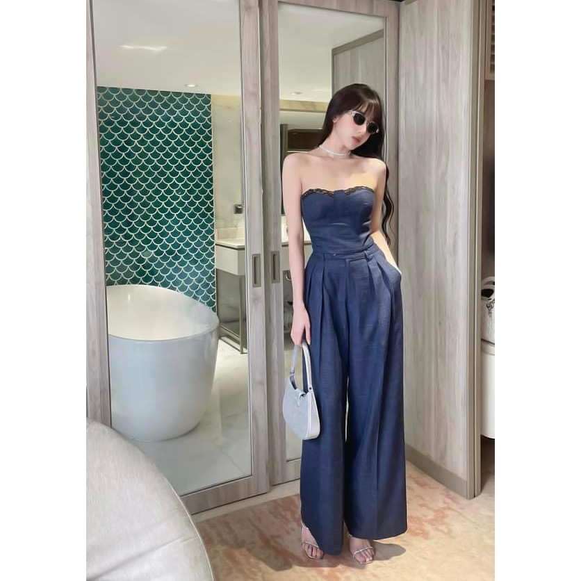 Set áo cúp ngực viền ren và quần suông xếp ly trước siêu hot