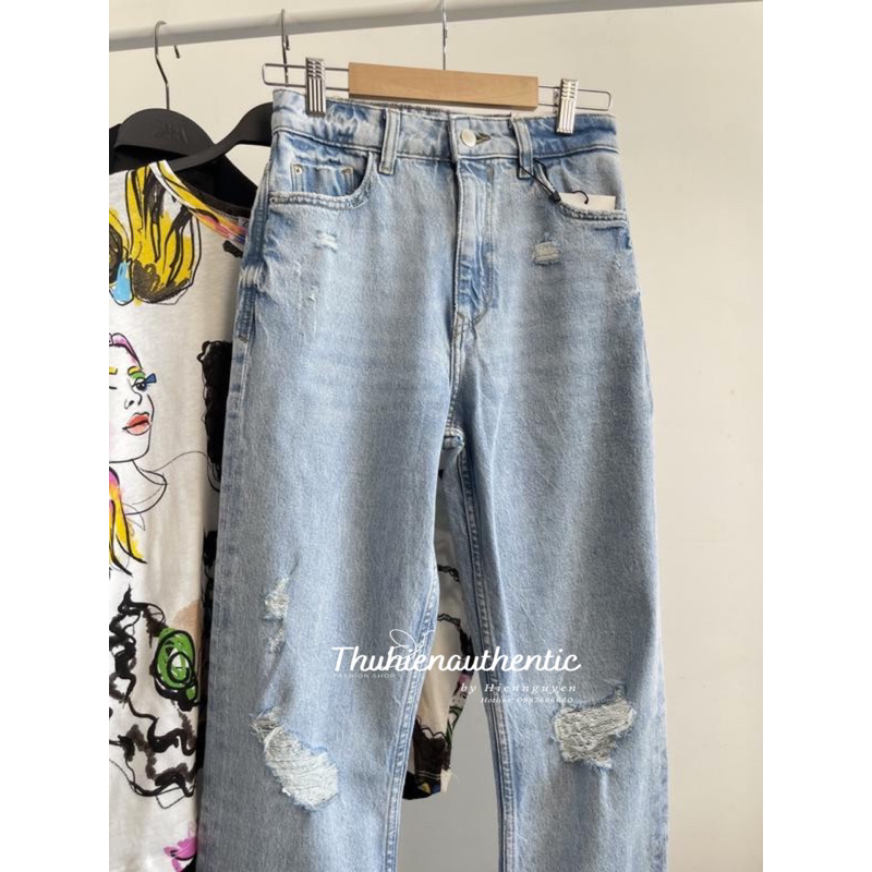 Quần jean Z1975 momfit kiểu rách cạp xanh sáng mã code: 7223/024/406 ZARA chính hãng