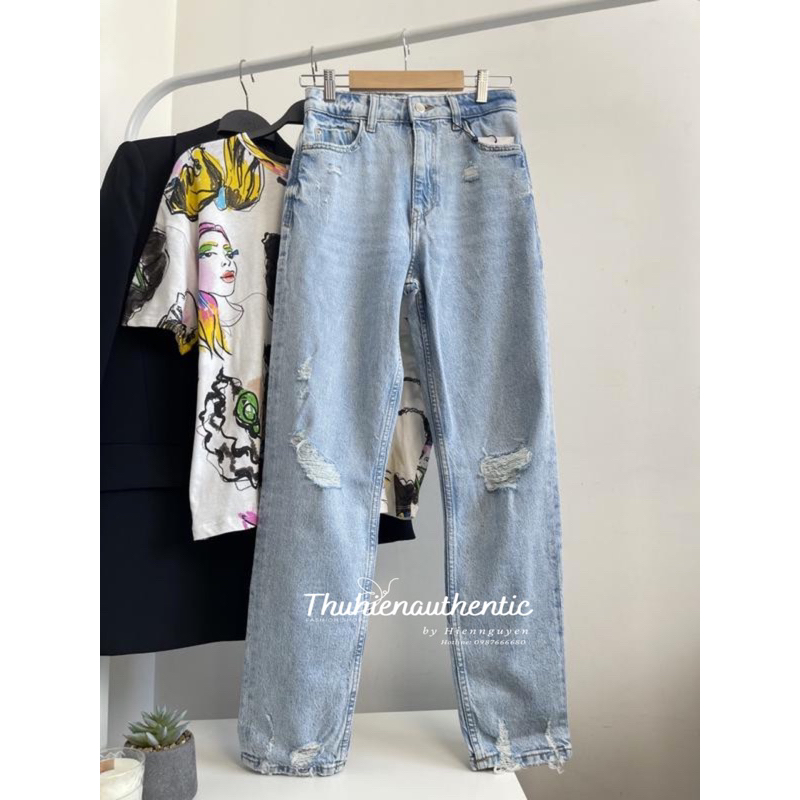 Quần jean Z1975 momfit kiểu rách cạp xanh sáng mã code: 7223/024/406 ZARA chính hãng