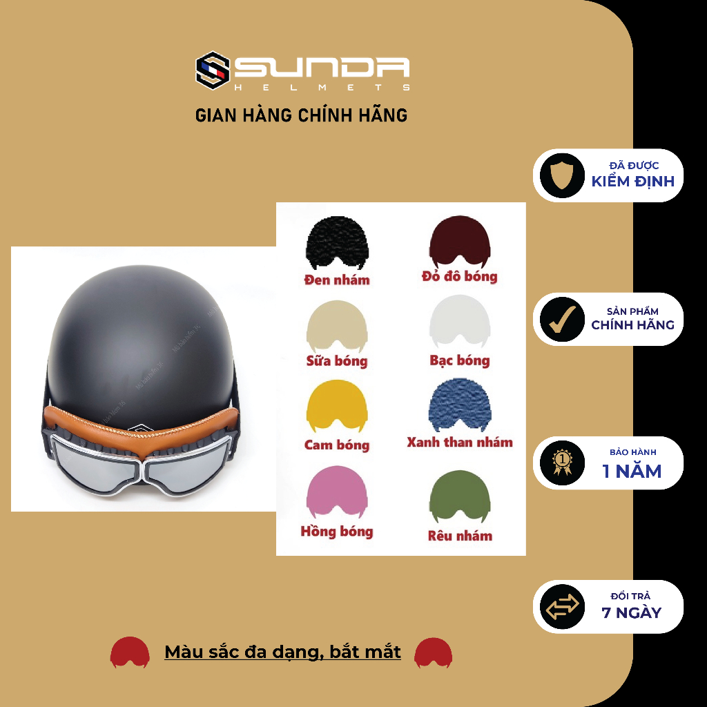 Mũ bảo hiểm nửa đầu SUNDA HALYA kèm kính phi công viền da cao cấp