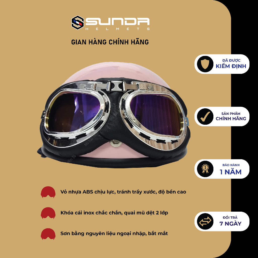 Mũ bảo hiểm nửa đầu SUNDA HALYA kèm kính phi công viền da cao cấp