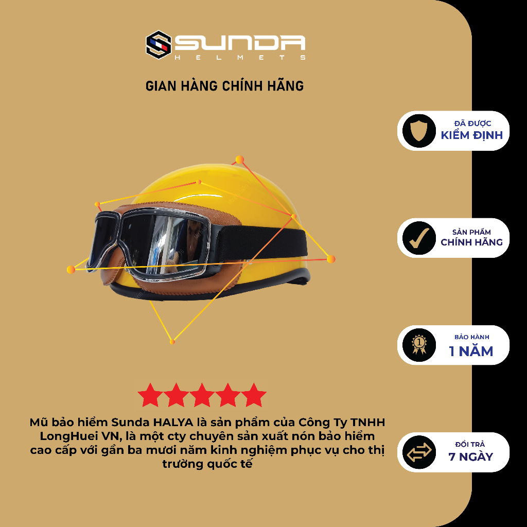 Mũ bảo hiểm nửa đầu SUNDA HALYA kèm kính phi công viền da cao cấp