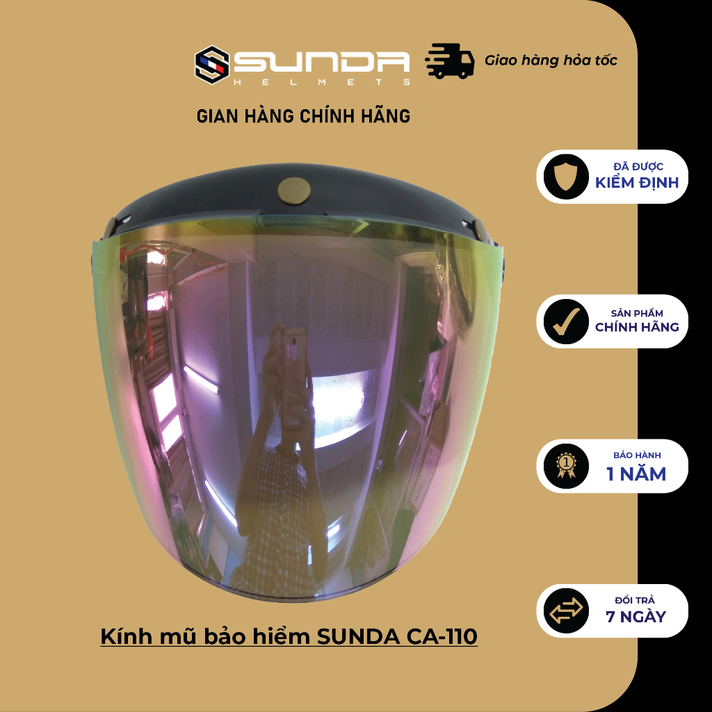 Kính mũ bảo hiểm SUNDA CA-110 loại dài gắn cho các mũ có 3 khuy bấm trên đầu