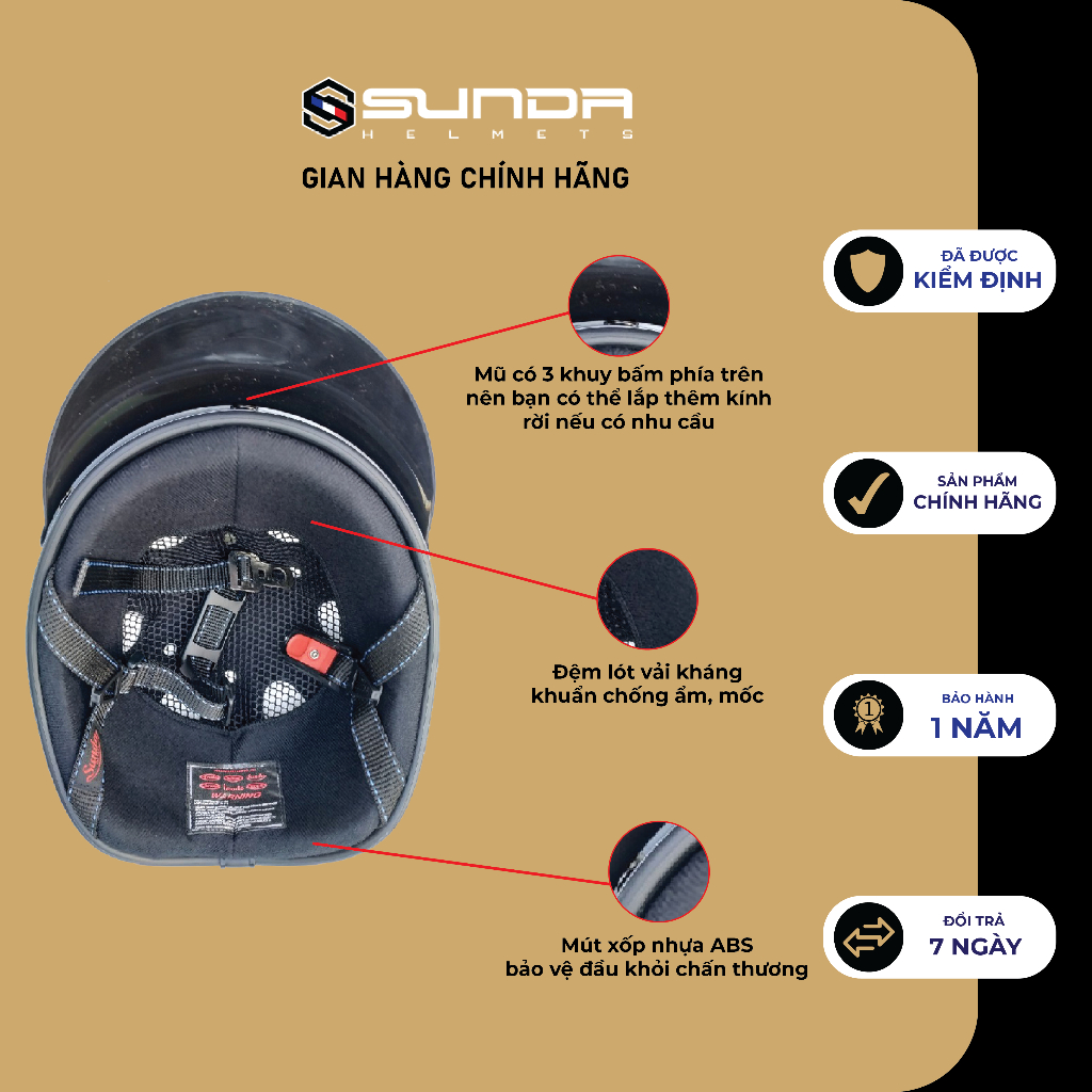 Mũ bảo hiểm nửa đầu SUNDA HALYA kèm kính phi công viền da cao cấp