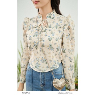 Áo dài tay bồng nhẹ kiểu dáng croptop cổ tàu cách điệu YOONA - YT4C554