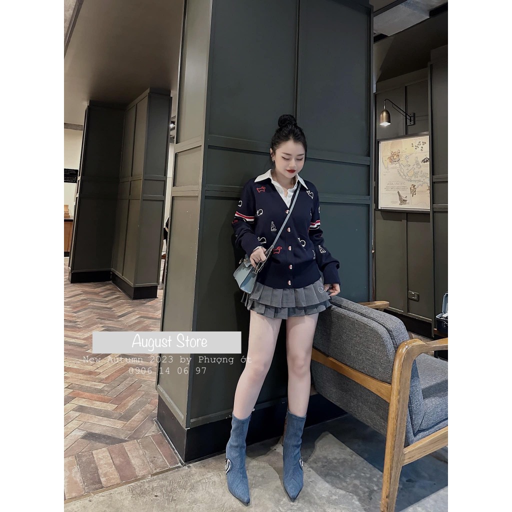 Áo Len Cardigan Thomb Dài Tay Họa Tiết Cá Heo Cài Cúc Dễ Thương Freesize