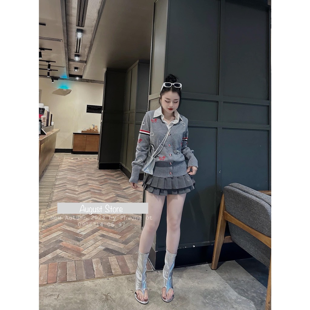 Áo Len Cardigan Thomb Dài Tay Họa Tiết Cá Heo Cài Cúc Dễ Thương Freesize