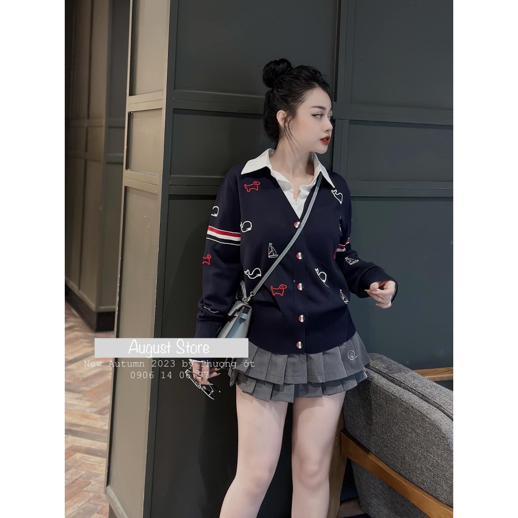 Áo Len Cardigan Thomb Dài Tay Họa Tiết Cá Heo Cài Cúc Dễ Thương Freesize