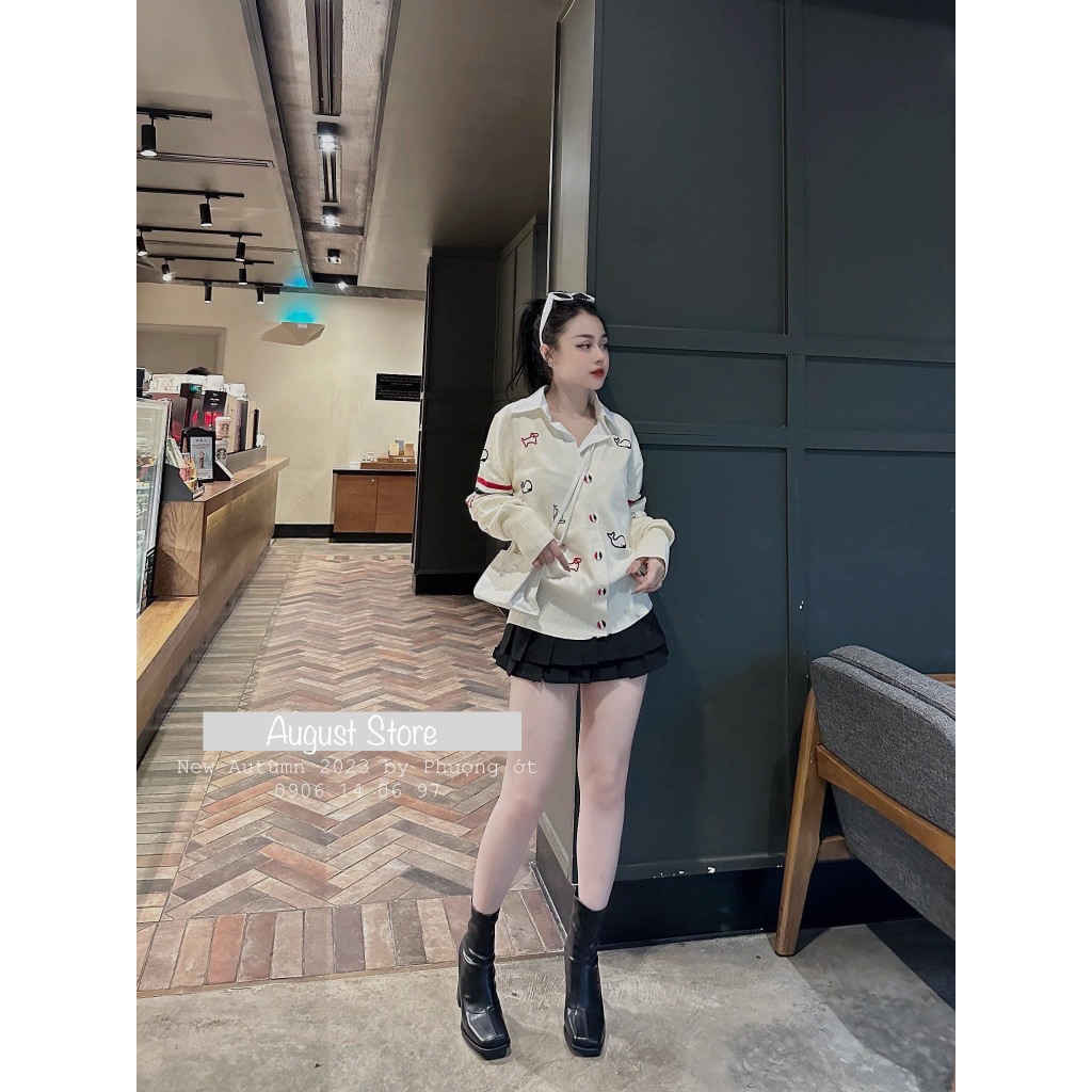Áo Len Cardigan Thomb Dài Tay Họa Tiết Cá Heo Cài Cúc Dễ Thương Freesize