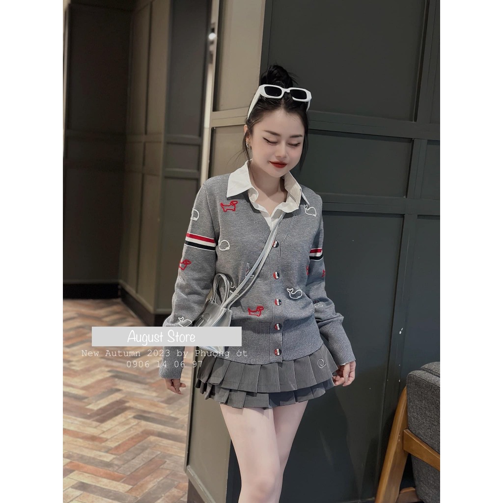 Áo Len Cardigan Thomb Dài Tay Họa Tiết Cá Heo Cài Cúc Dễ Thương Freesize