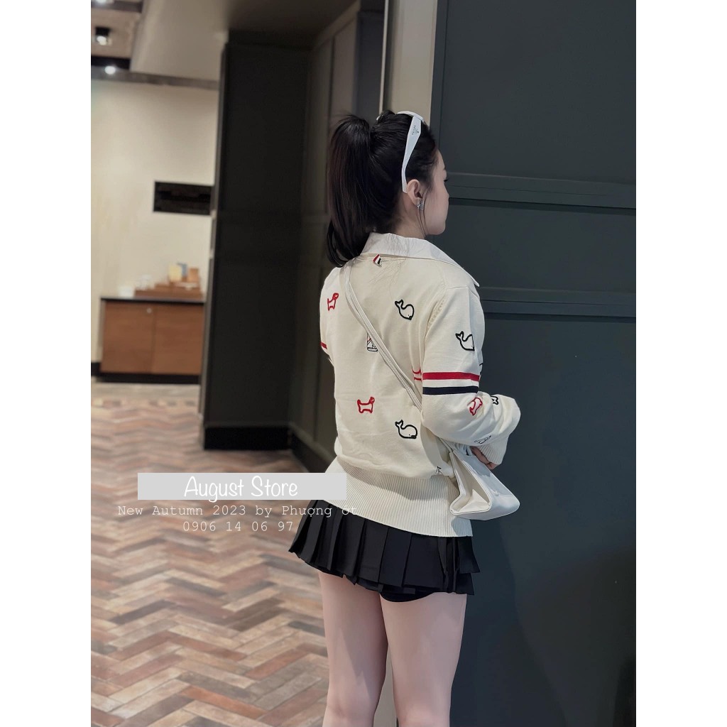 Áo Len Cardigan Thomb Dài Tay Họa Tiết Cá Heo Cài Cúc Dễ Thương Freesize