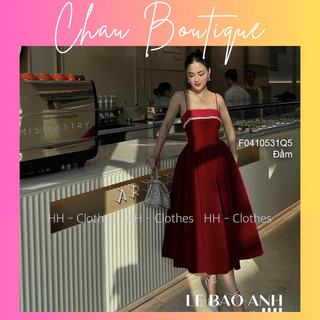 Đầm nhung 2 dây dáng xoè ngực phối viền đá sang trọng!