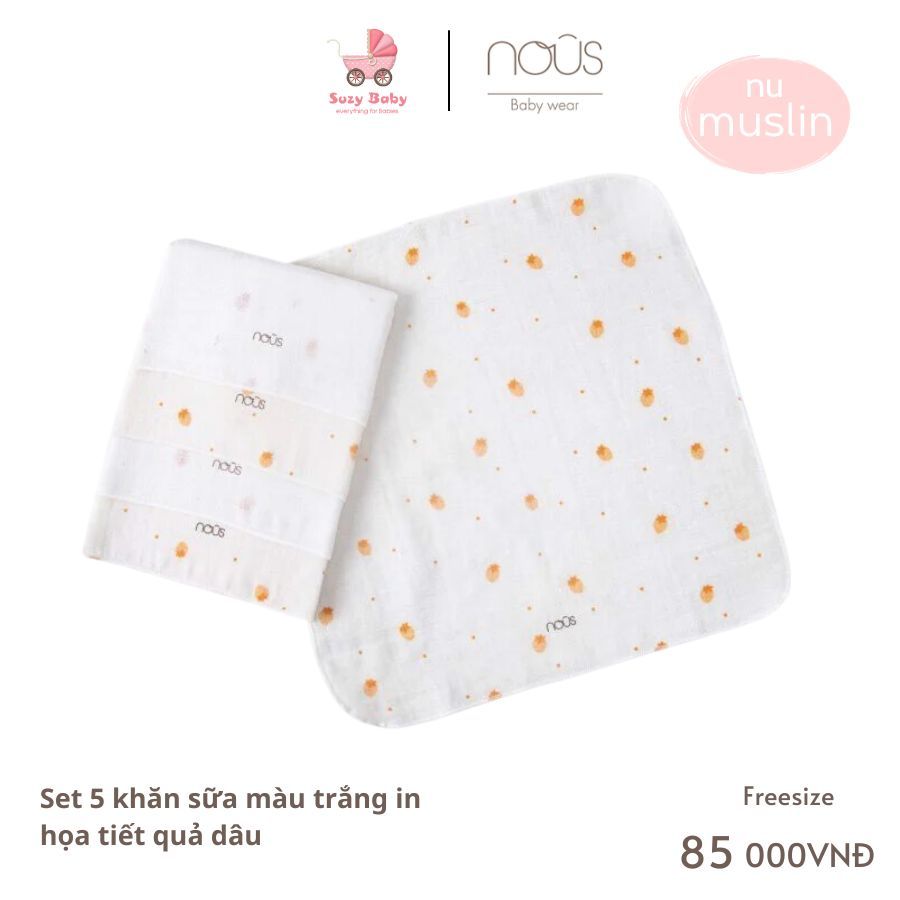 Set 5 khăn sữa màu trắng in họa tiết Nous Muslin mềm mại
