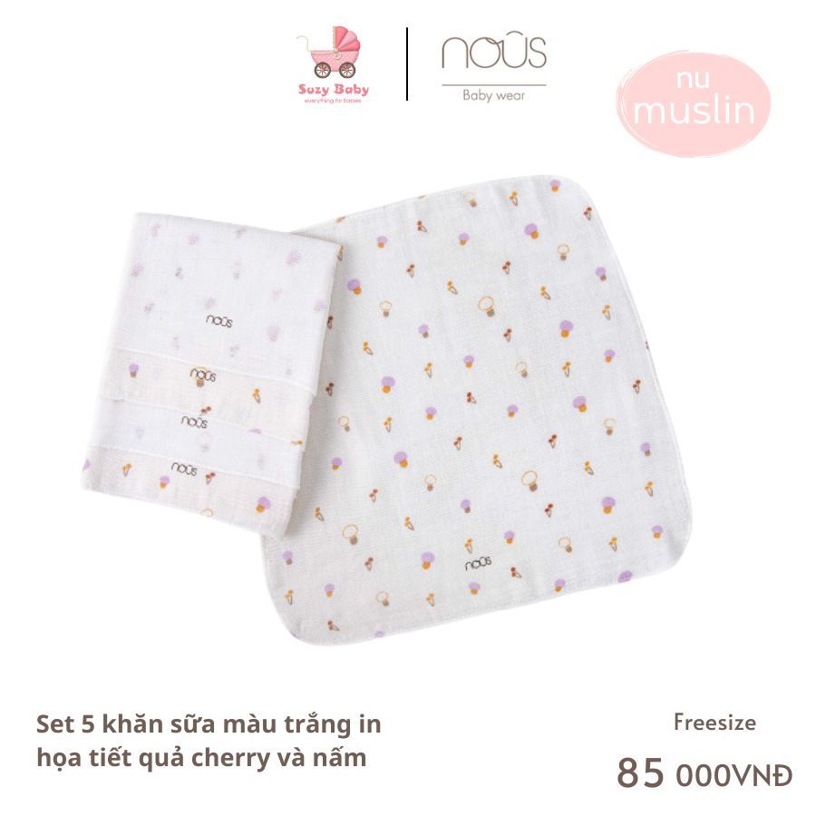 Set 5 khăn sữa màu trắng in họa tiết Nous Muslin mềm mại