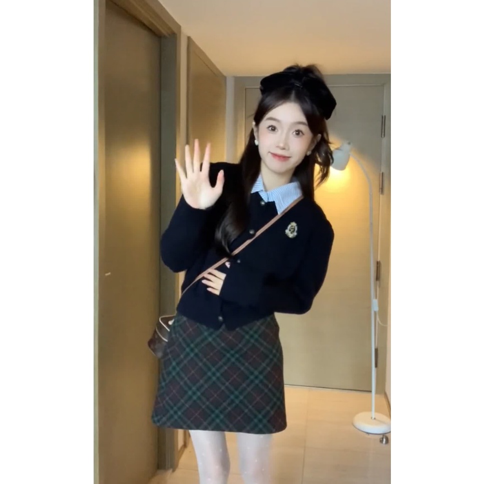 Áo khoác len nữ sinh học sinh cardigan INFLACHI dài tay cho nữ phối cổ sơ mi cài cúc phong cách vintage M213 A2-25