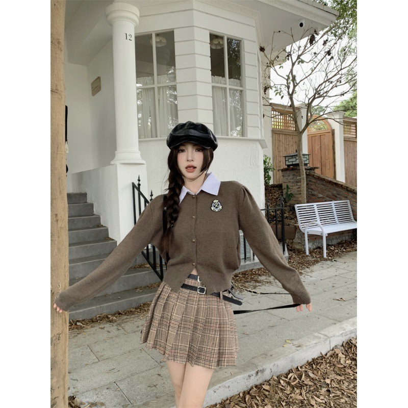 Áo khoác len nữ sinh học sinh cardigan INFLACHI dài tay cho nữ phối cổ sơ mi cài cúc phong cách vintage M213 A2-25