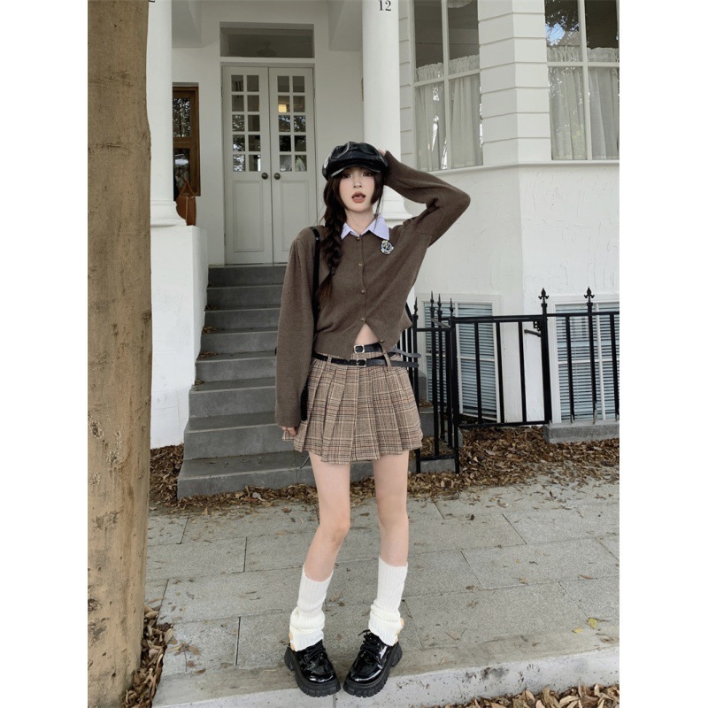 Áo khoác len nữ sinh học sinh cardigan INFLACHI dài tay cho nữ phối cổ sơ mi cài cúc phong cách vintage M213 A2-25