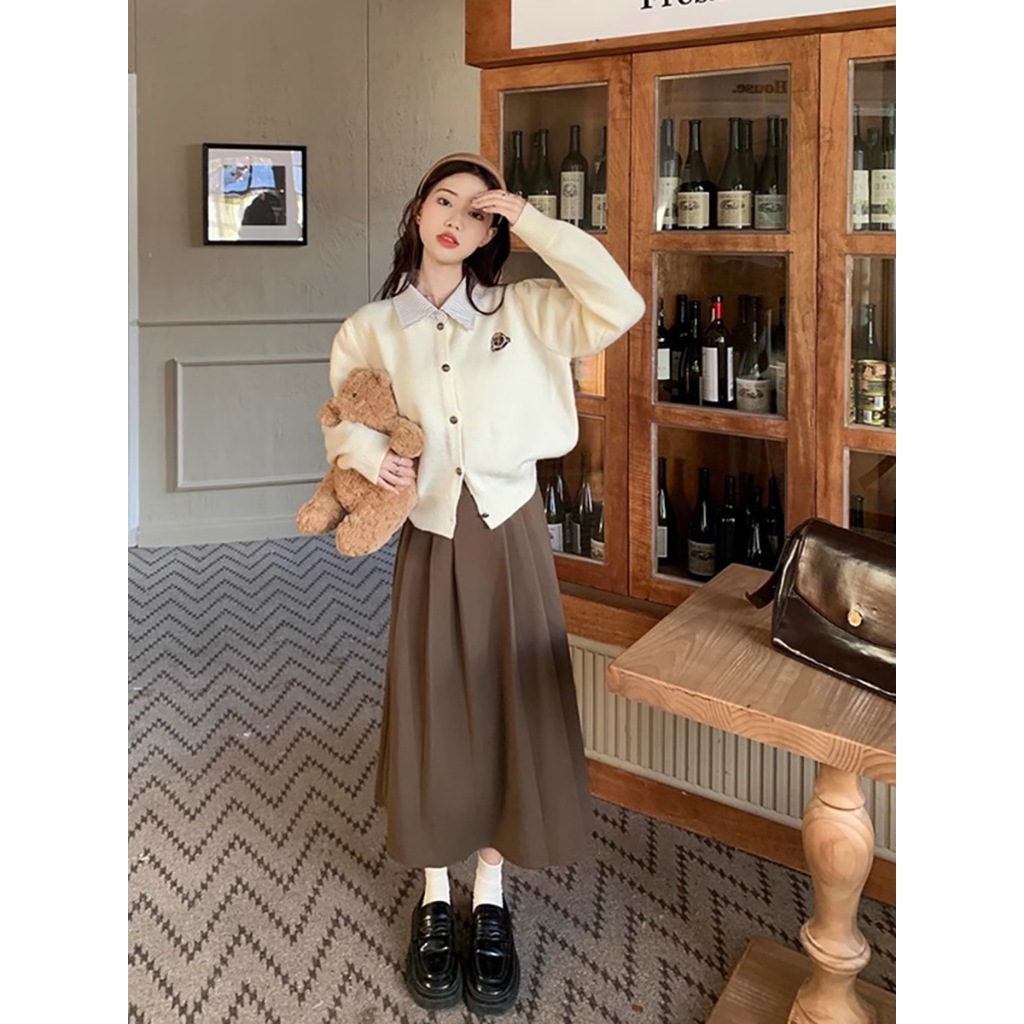 Áo khoác len nữ sinh học sinh cardigan INFLACHI dài tay cho nữ phối cổ sơ mi cài cúc phong cách vintage M213 A2-25