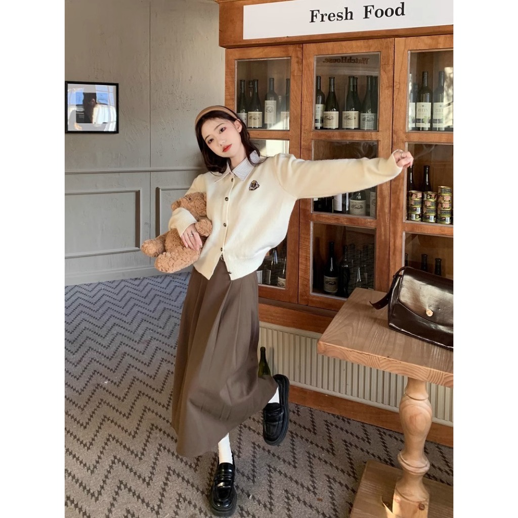 Áo khoác len nữ sinh học sinh cardigan INFLACHI dài tay cho nữ phối cổ sơ mi cài cúc phong cách vintage M213 A2-25