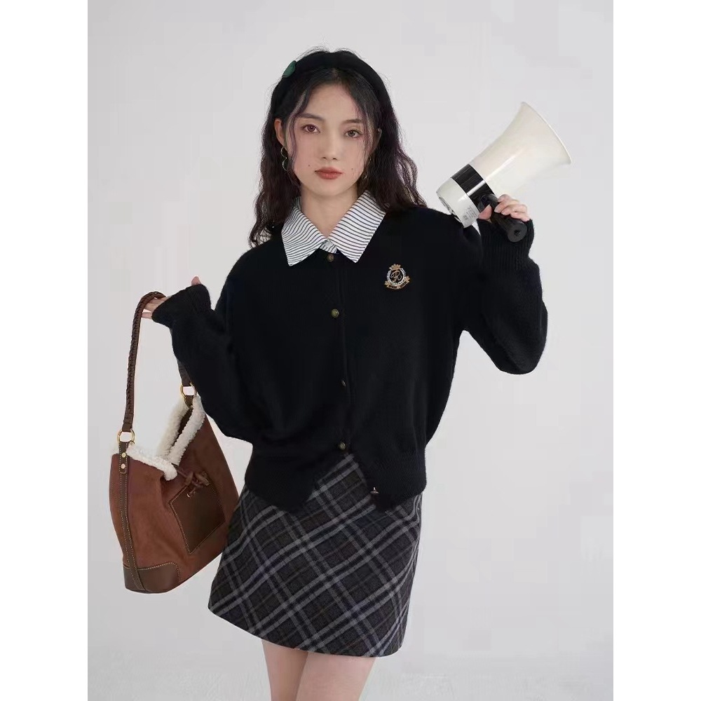 Áo khoác len nữ sinh học sinh cardigan INFLACHI dài tay cho nữ phối cổ sơ mi cài cúc phong cách vintage M213 A2-25