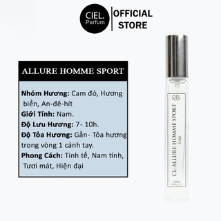 Nước hoa nam cao cấp CL ALLURE HOMME SPORT Edt chính hãng CIEL Parfum 12ml phong cách Tinh tế, Nam tính, Hiện đại