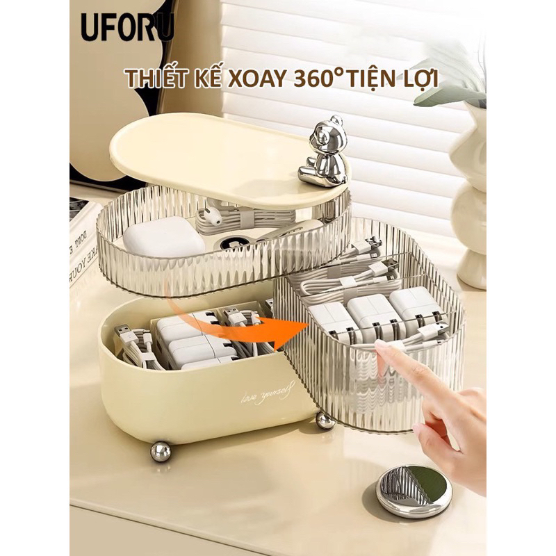 Hộp để đồ đa năng 3 tầng xoay 360 bằng nhựa PET nắp kem đính gấu trang trí đựng phụ kiện mỹ phẩm