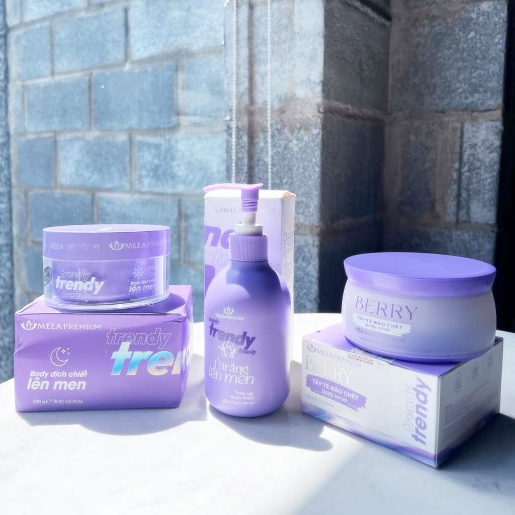 Combo Dưỡng Body Trendy MEEA Organic Chính Hãng - Kem Body Trendy + Ủ Trắng Lên Men+ Tẩy Tế Bào Chết Berry Tặng kèm quà