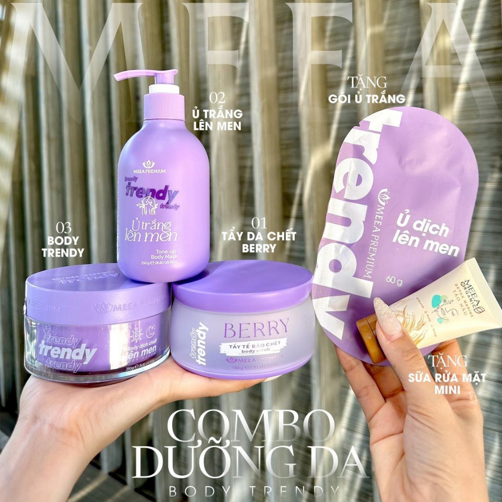 Combo Dưỡng Body Trendy MEEA Organic Chính Hãng - Kem Body Trendy + Ủ Trắng Lên Men+ Tẩy Tế Bào Chết Berry Tặng kèm quà