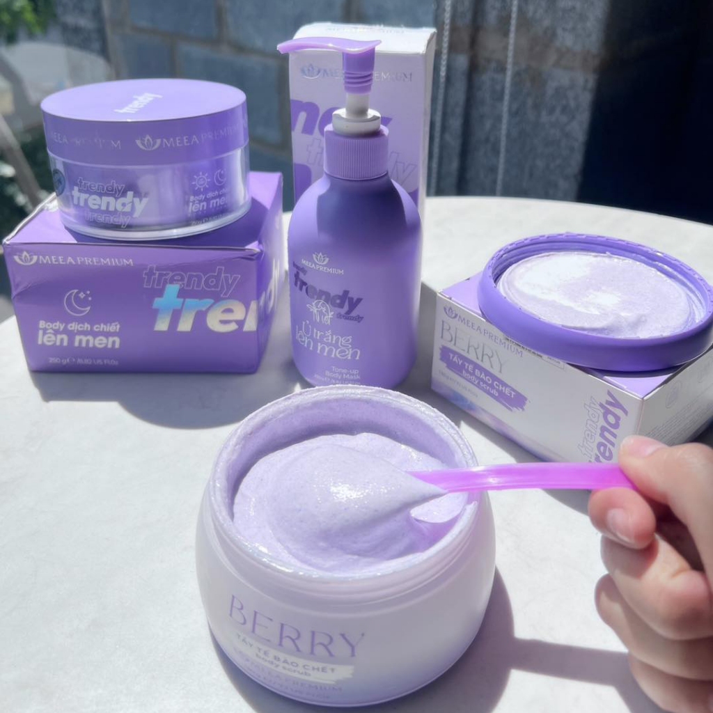 Combo Dưỡng Body Trendy MEEA Organic Chính Hãng - Kem Body Trendy + Ủ Trắng Lên Men+ Tẩy Tế Bào Chết Berry Tặng kèm quà