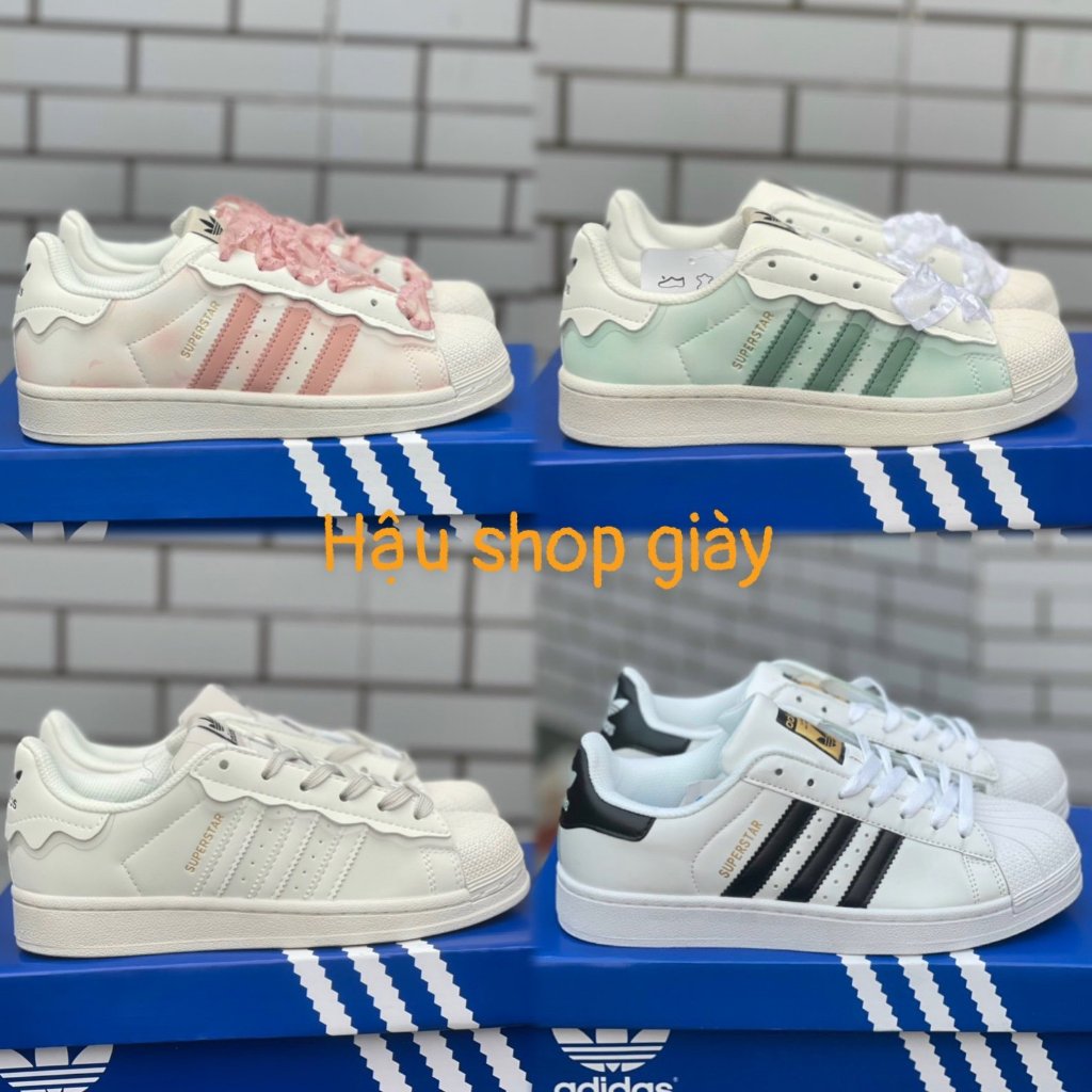 Giày Adidas superstar, giày thể thao adidas mũi sò, cổ thấp, đế bệt, 3 bản màu xanh hồng và kem, bản best full phụ kiện