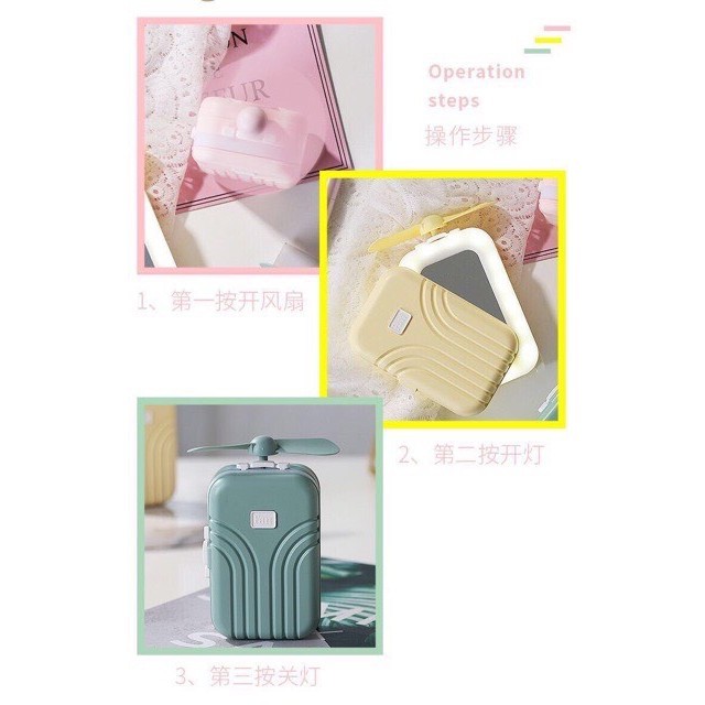 Quạt hình va ly kèm gương Quạt mini cute tạo hình chiếc vali tích hợp gương và đèn