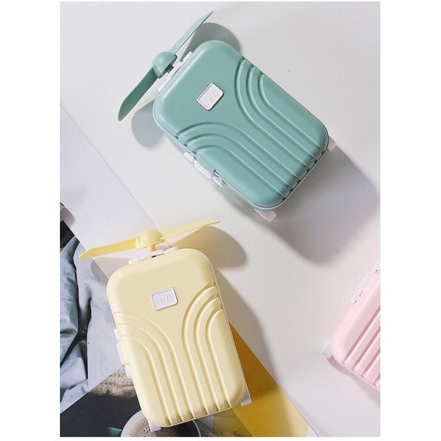 Quạt hình va ly kèm gương Quạt mini cute tạo hình chiếc vali tích hợp gương và đèn