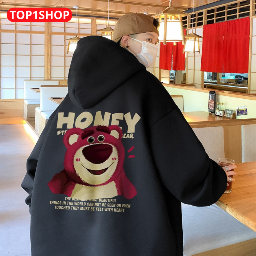 Áo hoodie nam nữ in chữ thời trang unisex mùa đông, nỉ chui unisex đầu có mũ form rộng In Hình Gấu Honey - T1S