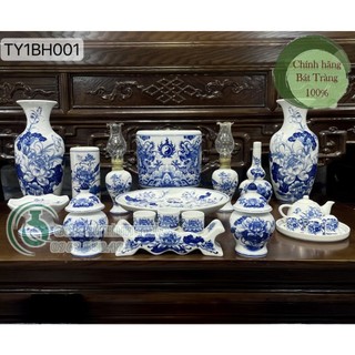 Bộ đồ thờ 1 Bát hương Men trắng Hoạt tiết Lam - Gốm sứ Bát Tràng
