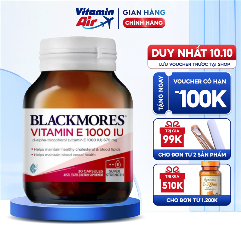 Viên uống bổ sung Vitamin E 1000 IU Blackmores 30v giúp đẹp da tăng tuần hoàn máu