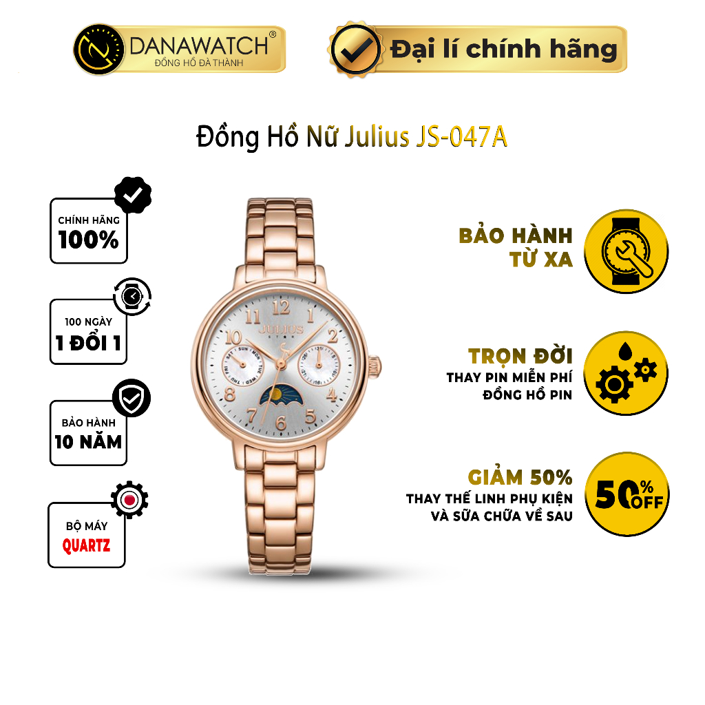 Đồng hồ nữ Julius Star JS-047A màu đồng trắng dây đeo kim loại cao cấp phong cách thanh lịch tinh tế