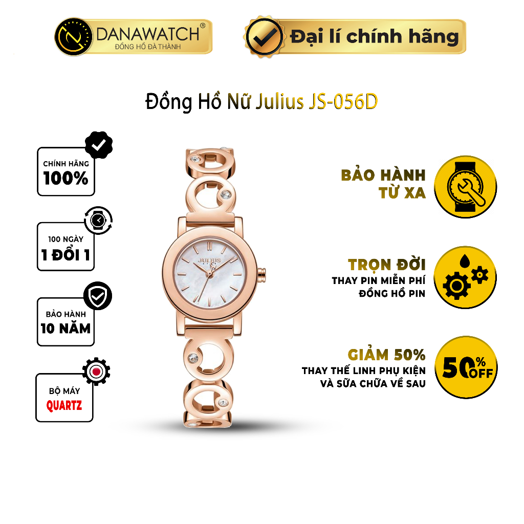 Đồng hồ nữ Julius star JS-056D màu vàng hồng sang trọng thiết kế dây đeo độc đáo tinh tế thời trang