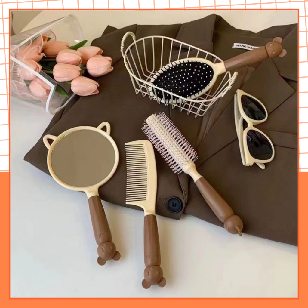 Bộ Lược Gương Chải Tóc Màu Nâu Vintage MEKI, Phong Cách Hàn Quốc Cho Nữ