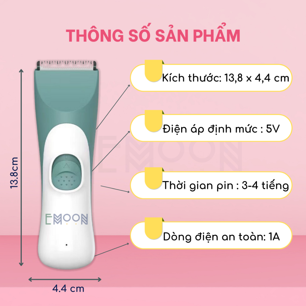Tông đơ cắt tóc cho bé EMOON đầu lưỡi bo tròn an toàn, chạy êm,sạc pin tách rời,có khả năng chống nước bảo hành 12 tháng