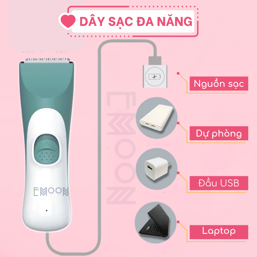 Tông đơ cắt tóc cho bé EMOON đầu lưỡi bo tròn an toàn, chạy êm,sạc pin tách rời,có khả năng chống nước bảo hành 12 tháng