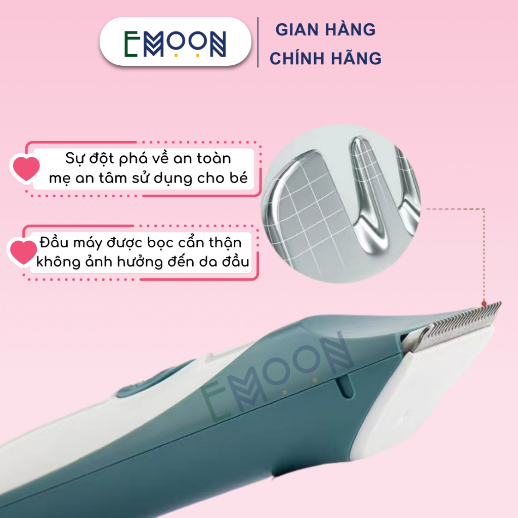 Tông đơ cắt tóc cho bé EMOON đầu lưỡi bo tròn an toàn, chạy êm,sạc pin tách rời,có khả năng chống nước bảo hành 12 tháng