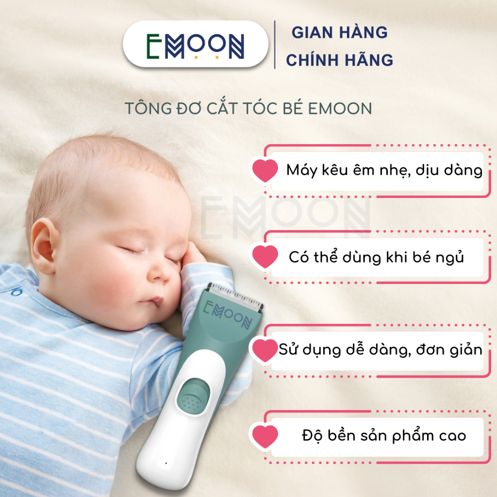 Tông đơ cắt tóc cho bé EMOON đầu lưỡi bo tròn an toàn, chạy êm,sạc pin tách rời,có khả năng chống nước bảo hành 12 tháng