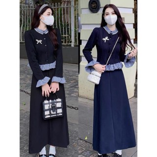 [Tặng Tag Nơ]: Set Áo Len Phối Bèo Kẻ Đính Ngọc Mix Chân Váy Midi Dáng Dài Mùa Đông Đi Chơi, Kèm Ảnh Thật   LOLLAYE