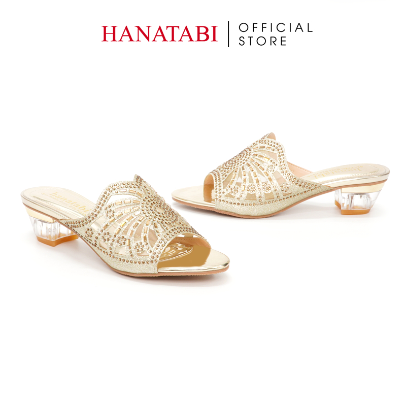 Dép cao gót nữ hanatabi quai kim tuyến phối lưới xoàn gót viền đồng cao 3cm mã HNDE3F786