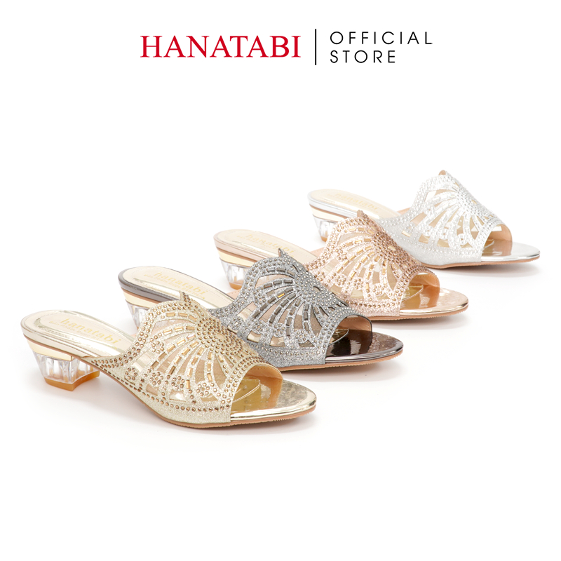 Dép cao gót nữ hanatabi quai kim tuyến phối lưới xoàn gót viền đồng cao 3cm mã HNDE3F786